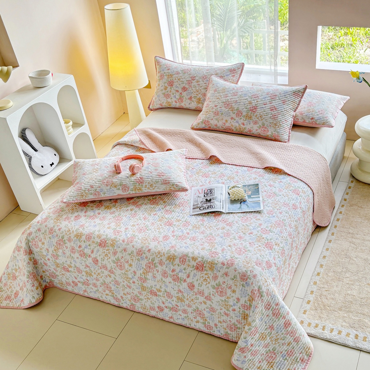 91家纺网 家纺一手货源 找家纺 金艾草 2025新款双面纯棉高温水洗床盖三件套 花恋