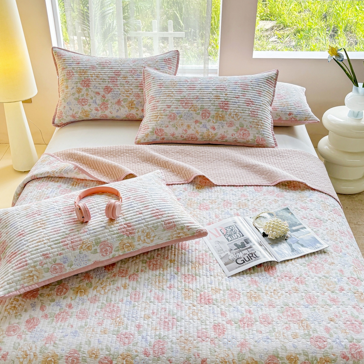 91家纺网 家纺一手货源 找家纺 金艾草 2025新款双面纯棉高温水洗床盖三件套 花恋