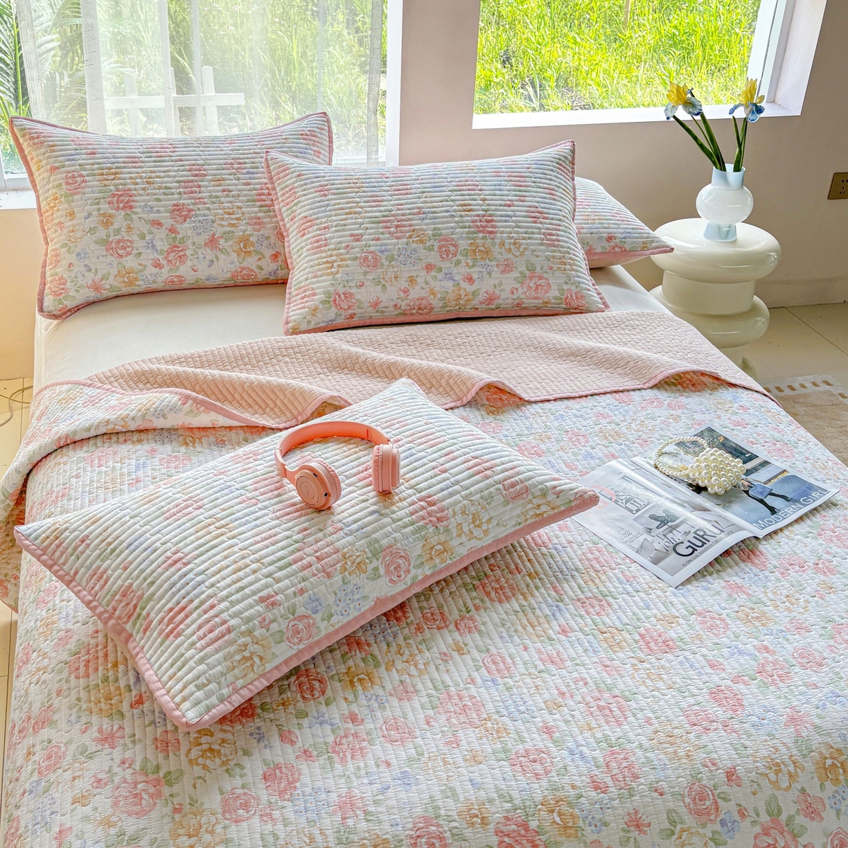 91家纺网 家纺一手货源 找家纺 金艾草 2025新款双面纯棉高温水洗床盖三件套 花恋