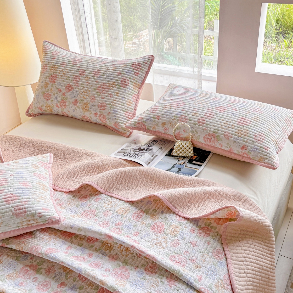 91家纺网 家纺一手货源 找家纺 金艾草 2025新款双面纯棉高温水洗床盖三件套 花恋