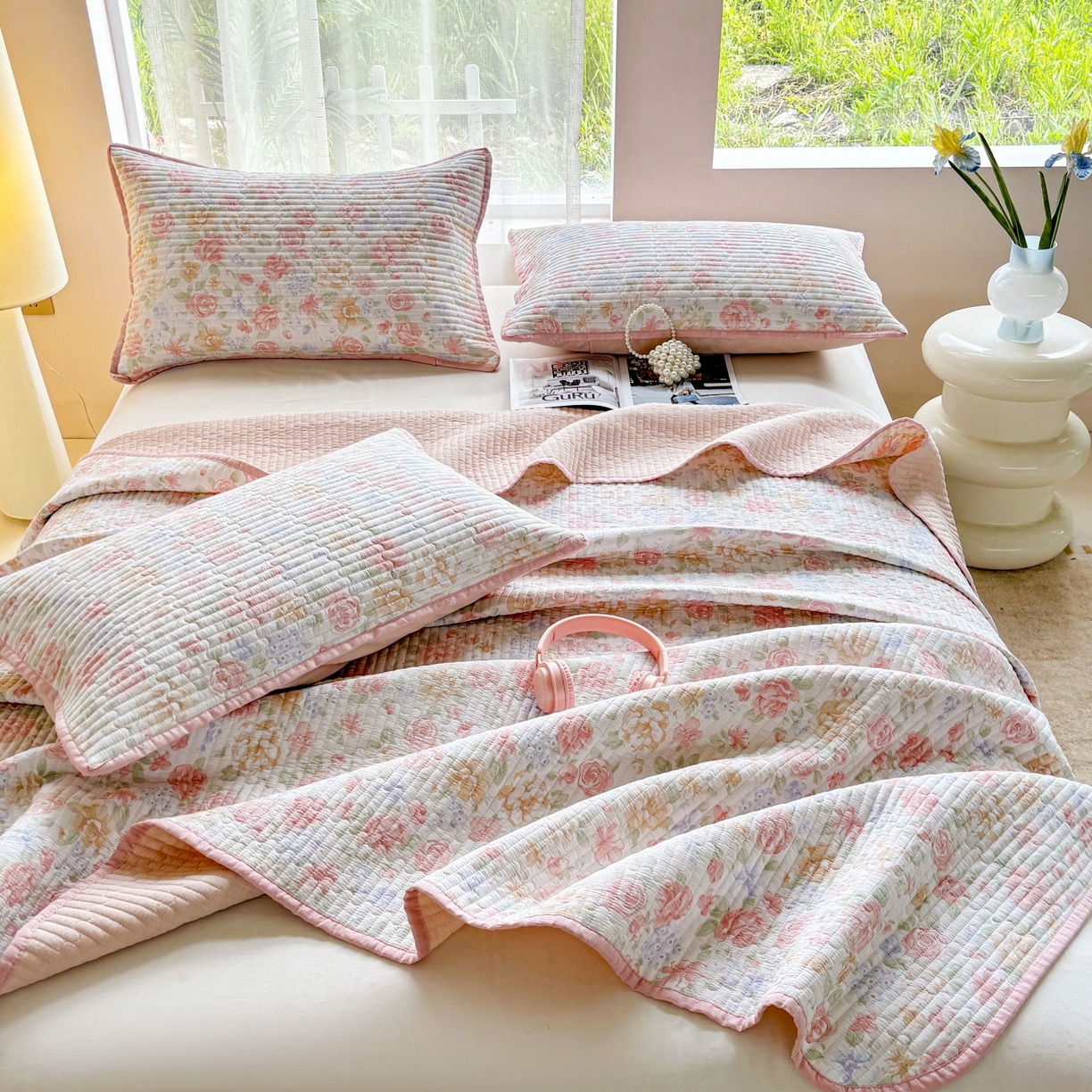 91家纺网 家纺一手货源 找家纺 金艾草 2025新款双面纯棉高温水洗床盖三件套 花恋