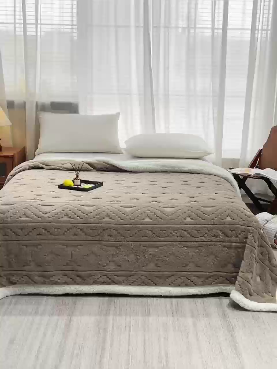 91家纺网 家纺一手货源 找家纺 枋梢家纺 2025新款提花舒棉绒镂空塔芙绒羊羔绒双层毛毯毯子跨境电商 韵律-咖啡