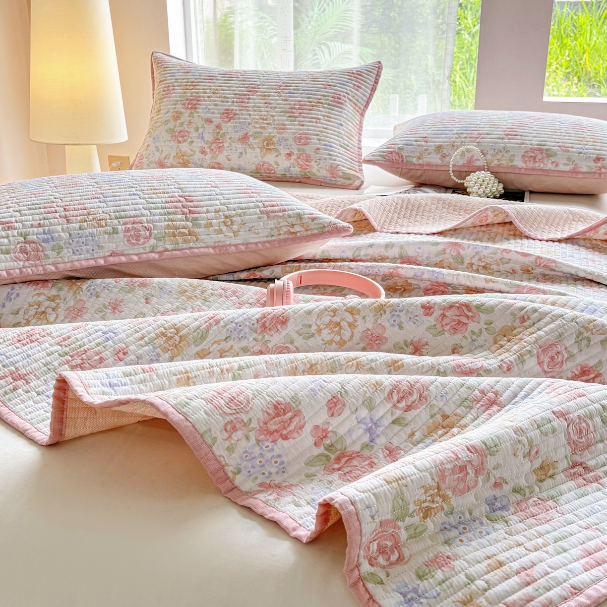 91家纺网 家纺一手货源 找家纺 金艾草 2025新款双面纯棉高温水洗床盖三件套 花恋