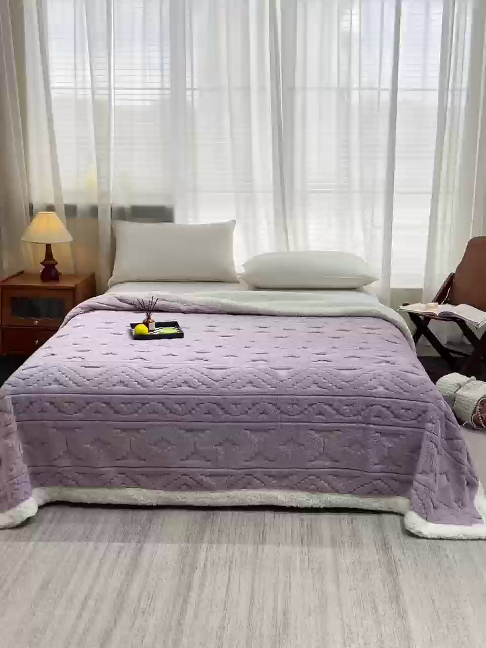 91家纺网 家纺一手货源 找家纺 枋梢家纺 2025新款提花舒棉绒镂空塔芙绒羊羔绒双层毛毯毯子跨境电商 韵律-香芋紫