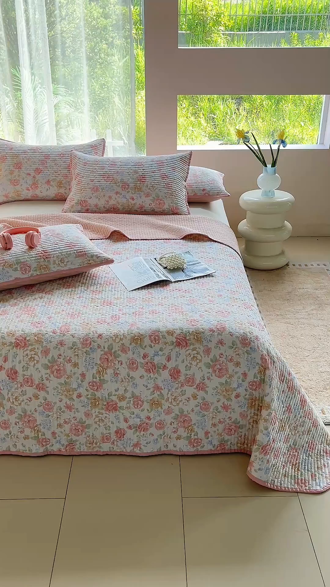 91家纺网 家纺一手货源 找家纺 金艾草 2025新款双面纯棉高温水洗床盖三件套 花恋