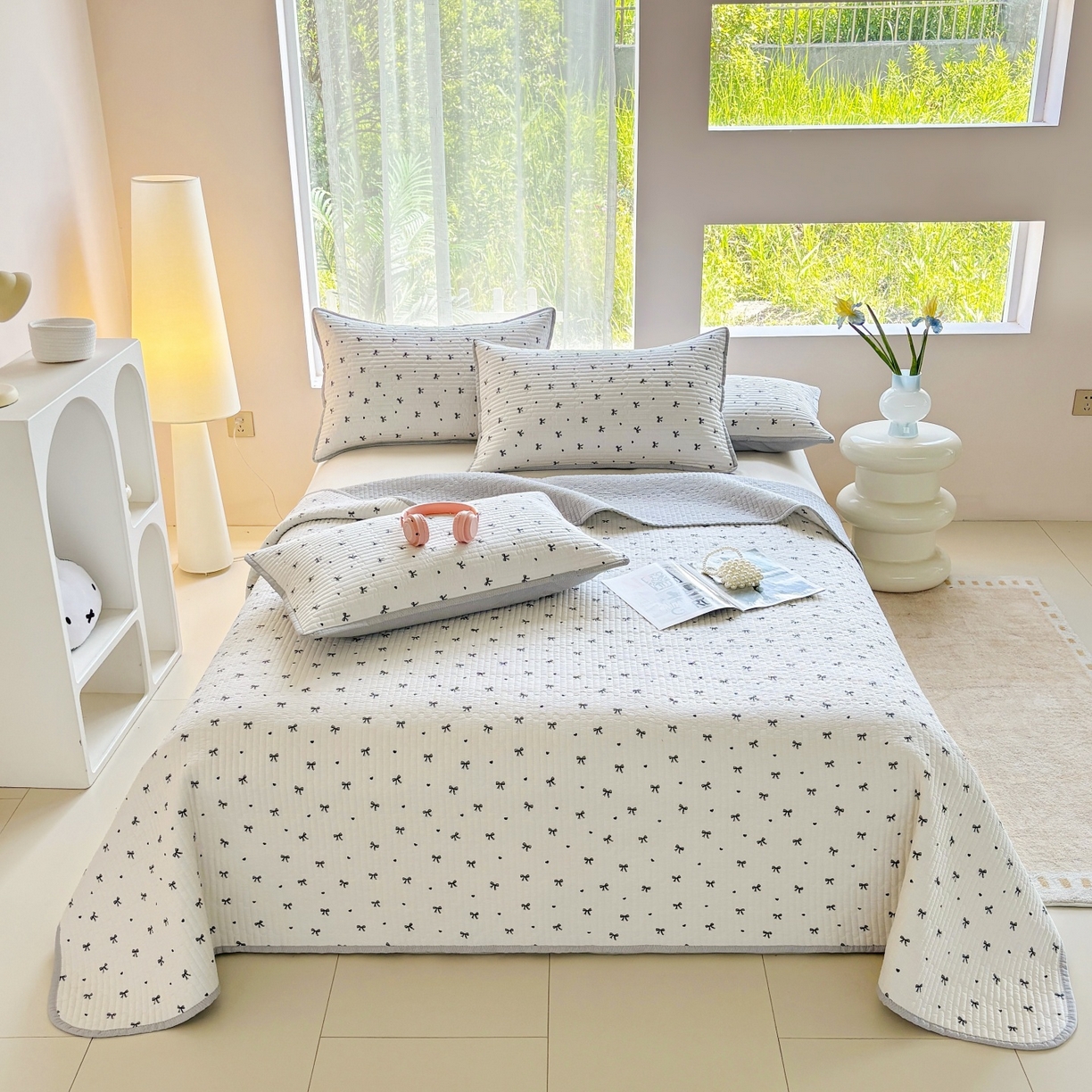 91家纺网 家纺一手货源 找家纺 金艾草 2025新款双面纯棉高温水洗床盖三件套 领结-米