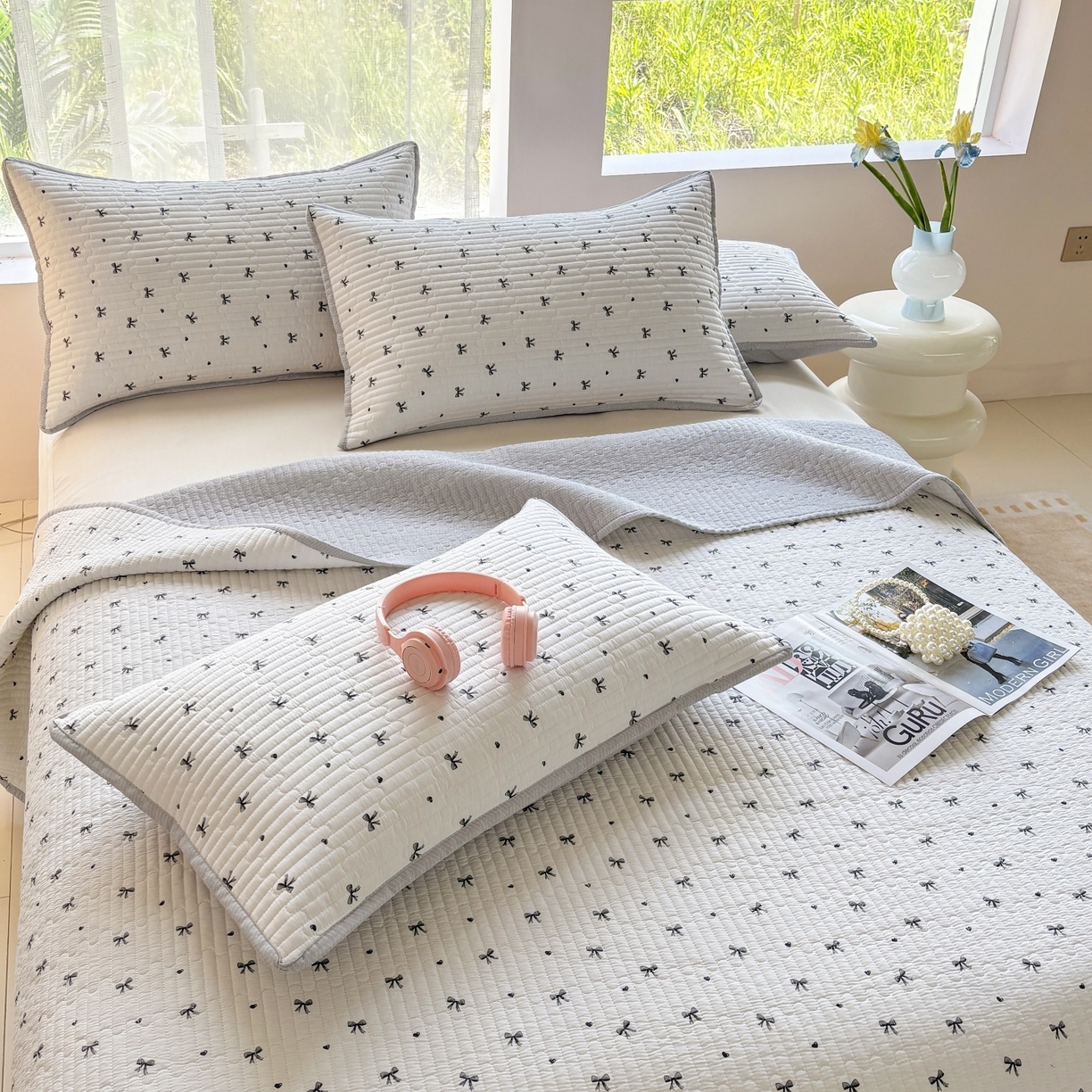 91家纺网 家纺一手货源 找家纺 金艾草 2025新款双面纯棉高温水洗床盖三件套 领结-米