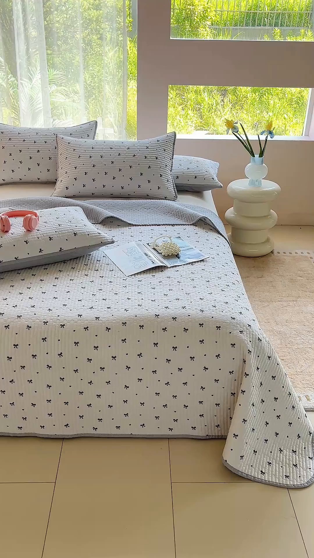 91家纺网 家纺一手货源 找家纺 金艾草 2025新款双面纯棉高温水洗床盖三件套 领结-米