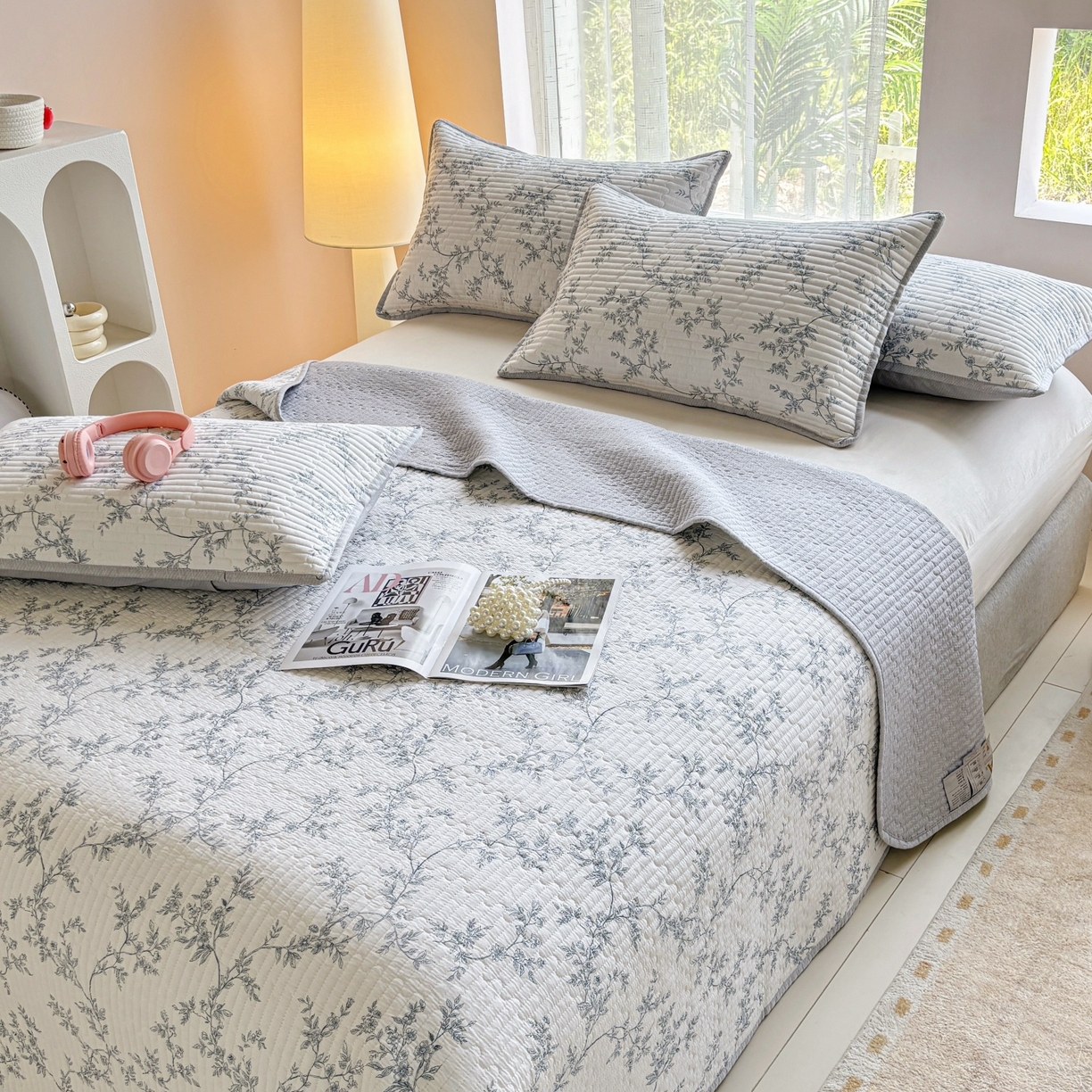 91家纺网 家纺一手货源 找家纺 金艾草 2025新款双面纯棉高温水洗床盖三件套 满婷