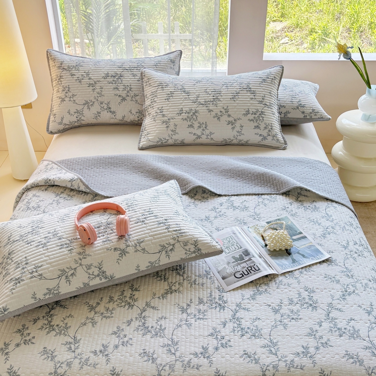 91家纺网 家纺一手货源 找家纺 金艾草 2025新款双面纯棉高温水洗床盖三件套 满婷