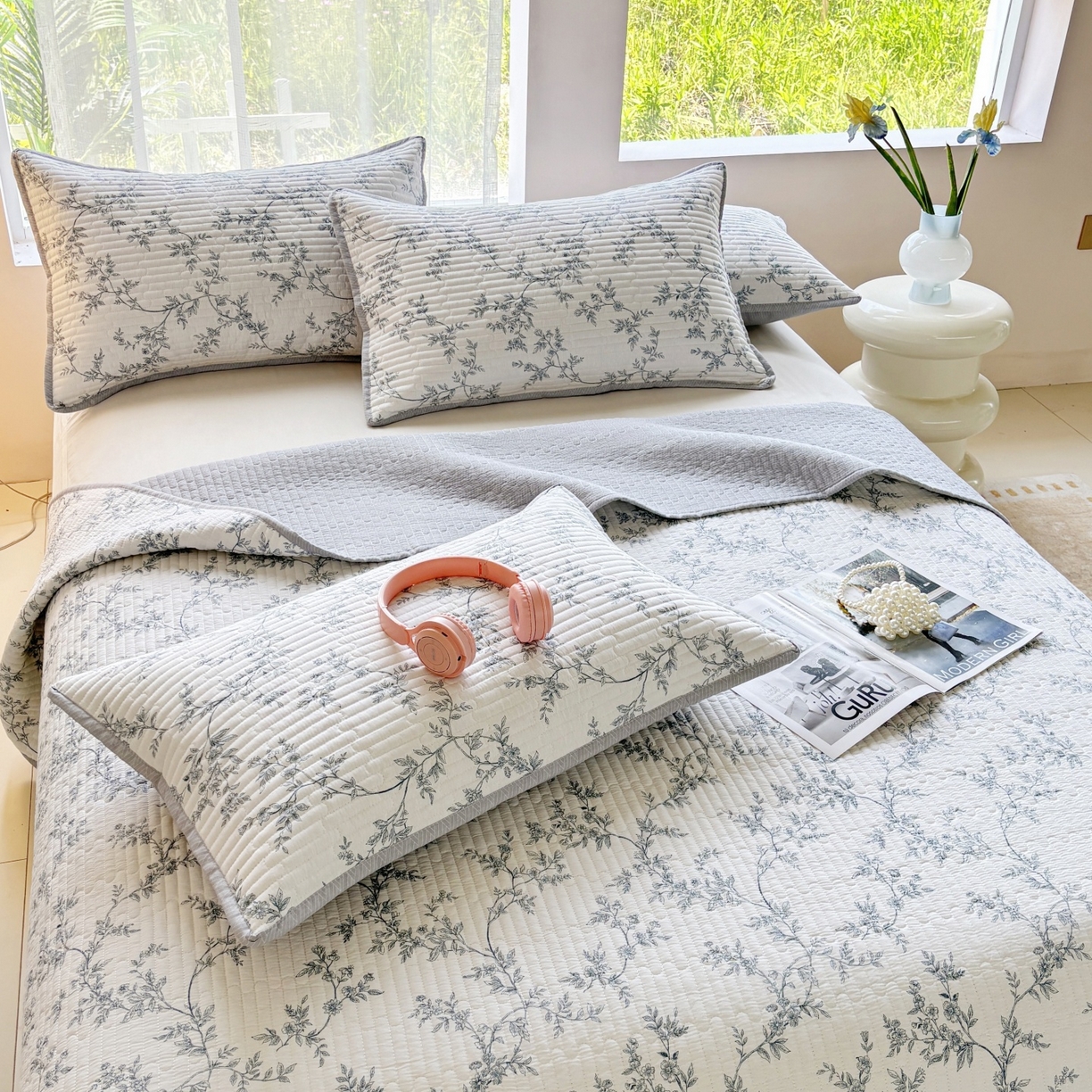 91家纺网 家纺一手货源 找家纺 金艾草 2025新款双面纯棉高温水洗床盖三件套 满婷