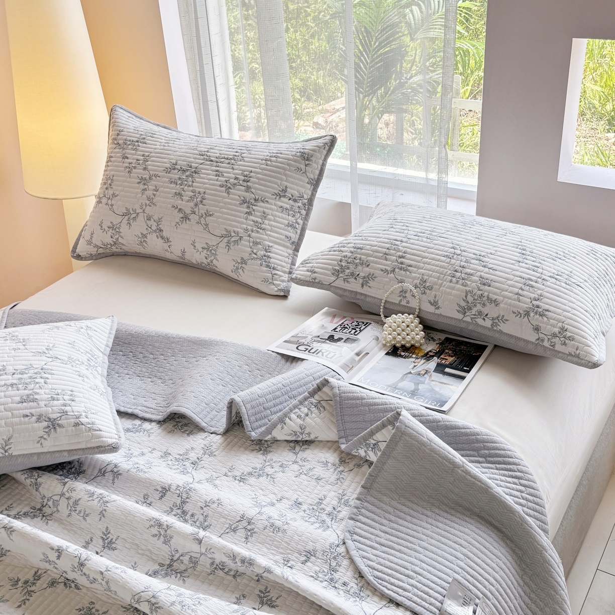 91家纺网 家纺一手货源 找家纺 金艾草 2025新款双面纯棉高温水洗床盖三件套 满婷