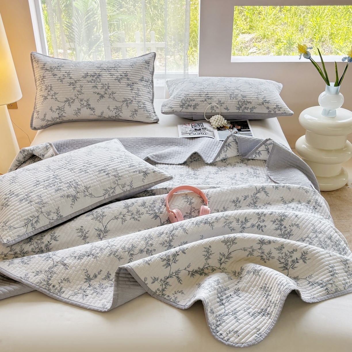 91家纺网 家纺一手货源 找家纺 金艾草 2025新款双面纯棉高温水洗床盖三件套 满婷