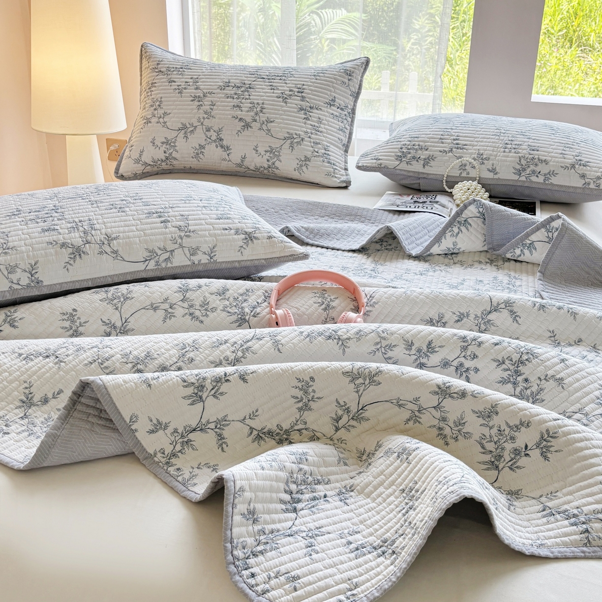 91家纺网 家纺一手货源 找家纺 金艾草 2025新款双面纯棉高温水洗床盖三件套 满婷