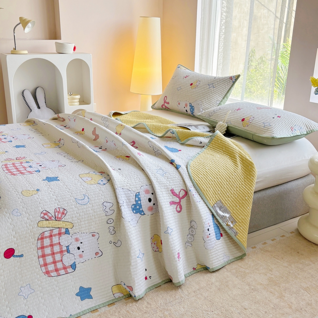 91家纺网 家纺一手货源 找家纺 金艾草 2025新款双面纯棉高温水洗床盖三件套 萌宠小屋