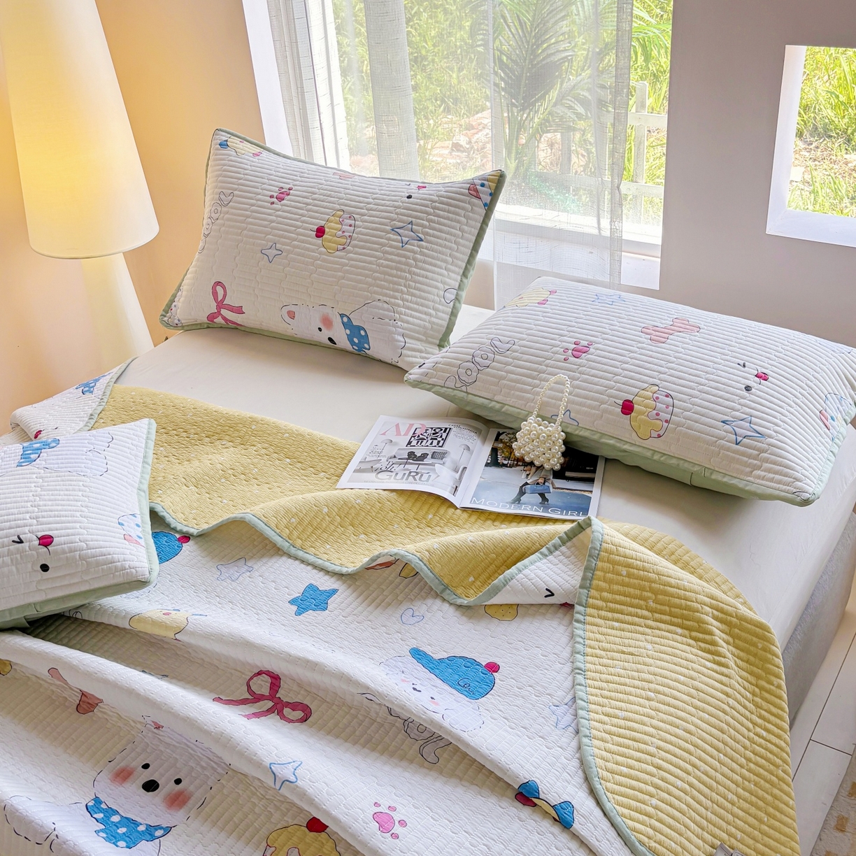 91家纺网 家纺一手货源 找家纺 金艾草 2025新款双面纯棉高温水洗床盖三件套 萌宠小屋