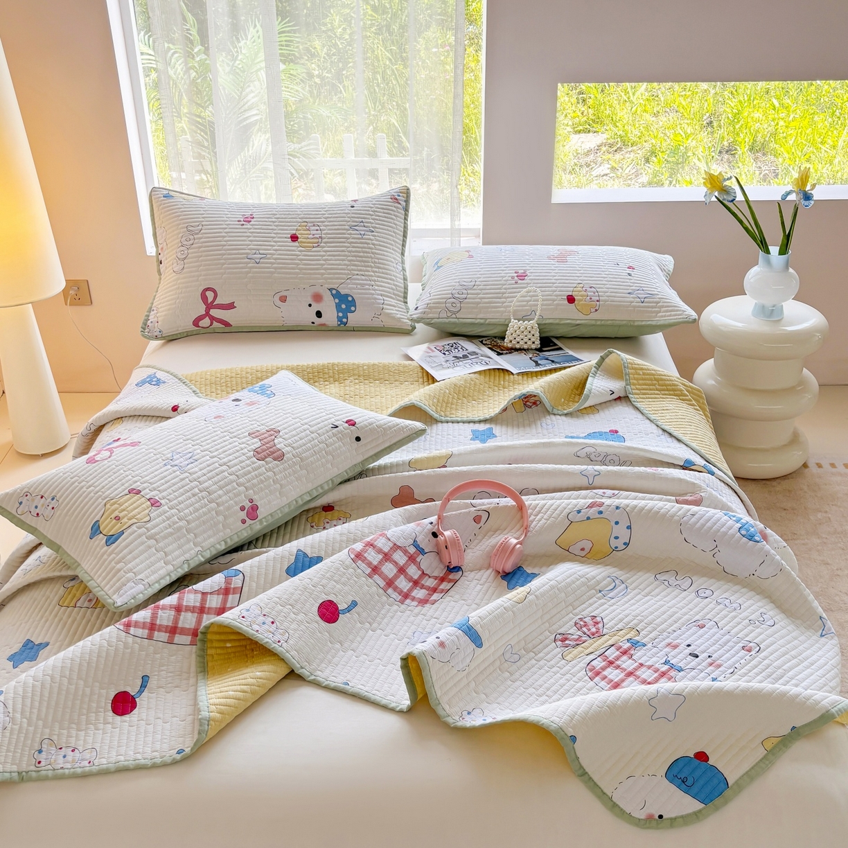 91家纺网 家纺一手货源 找家纺 金艾草 2025新款双面纯棉高温水洗床盖三件套 萌宠小屋