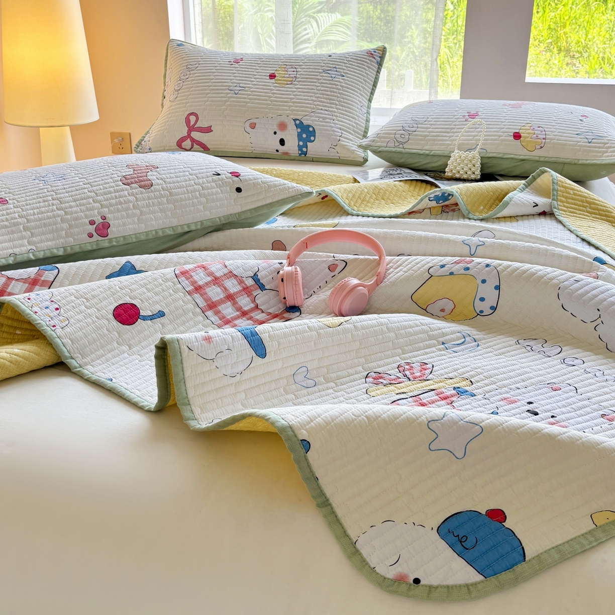 91家纺网 家纺一手货源 找家纺 金艾草 2025新款双面纯棉高温水洗床盖三件套 萌宠小屋