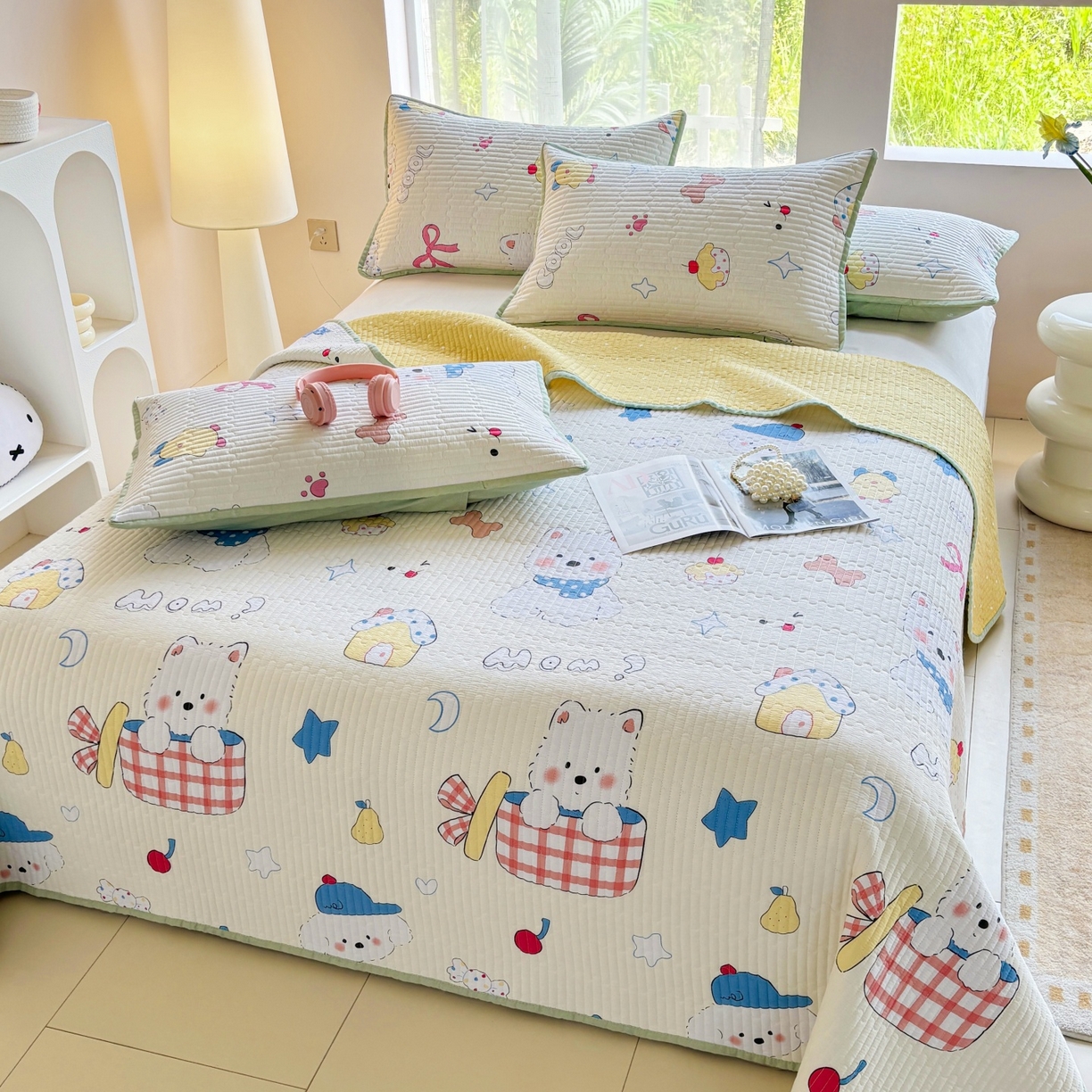 91家纺网 家纺一手货源 找家纺 金艾草 2025新款双面纯棉高温水洗床盖三件套 萌宠小屋