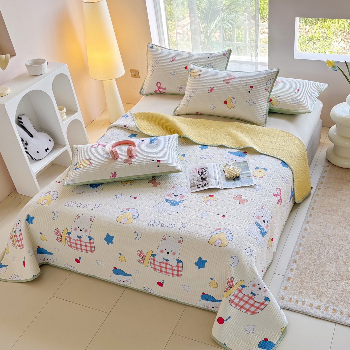 91家纺网 家纺一手货源 找家纺 金艾草 2025新款双面纯棉高温水洗床盖三件套 萌宠小屋