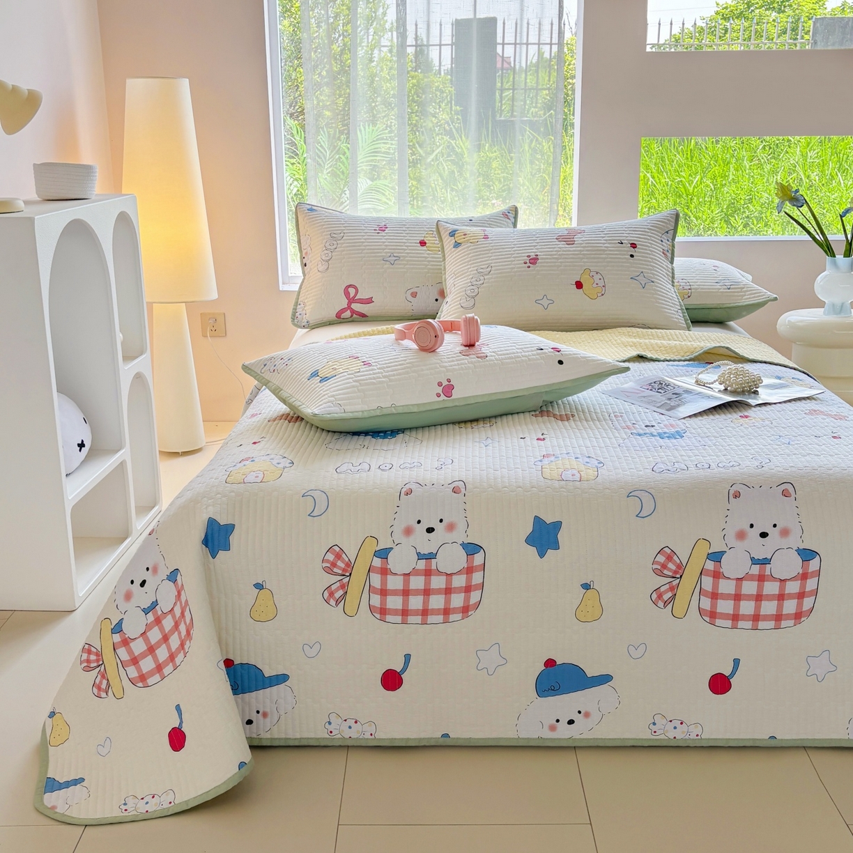 91家纺网 家纺一手货源 找家纺 金艾草 2025新款双面纯棉高温水洗床盖三件套 萌宠小屋