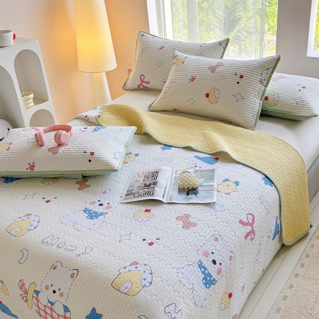 91家纺网 家纺一手货源 找家纺 金艾草 2025新款双面纯棉高温水洗床盖三件套 萌宠小屋