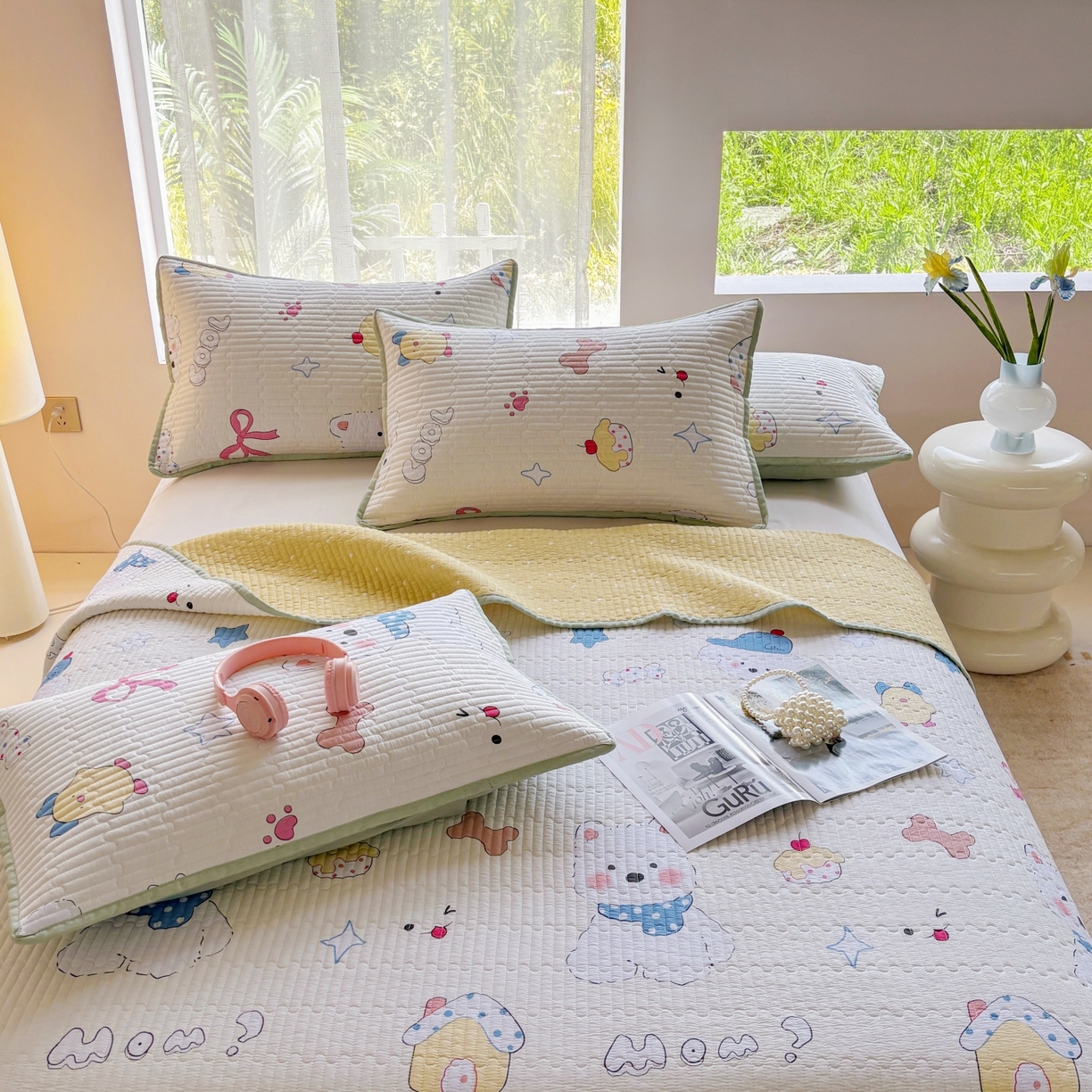 91家纺网 家纺一手货源 找家纺 金艾草 2025新款双面纯棉高温水洗床盖三件套 萌宠小屋