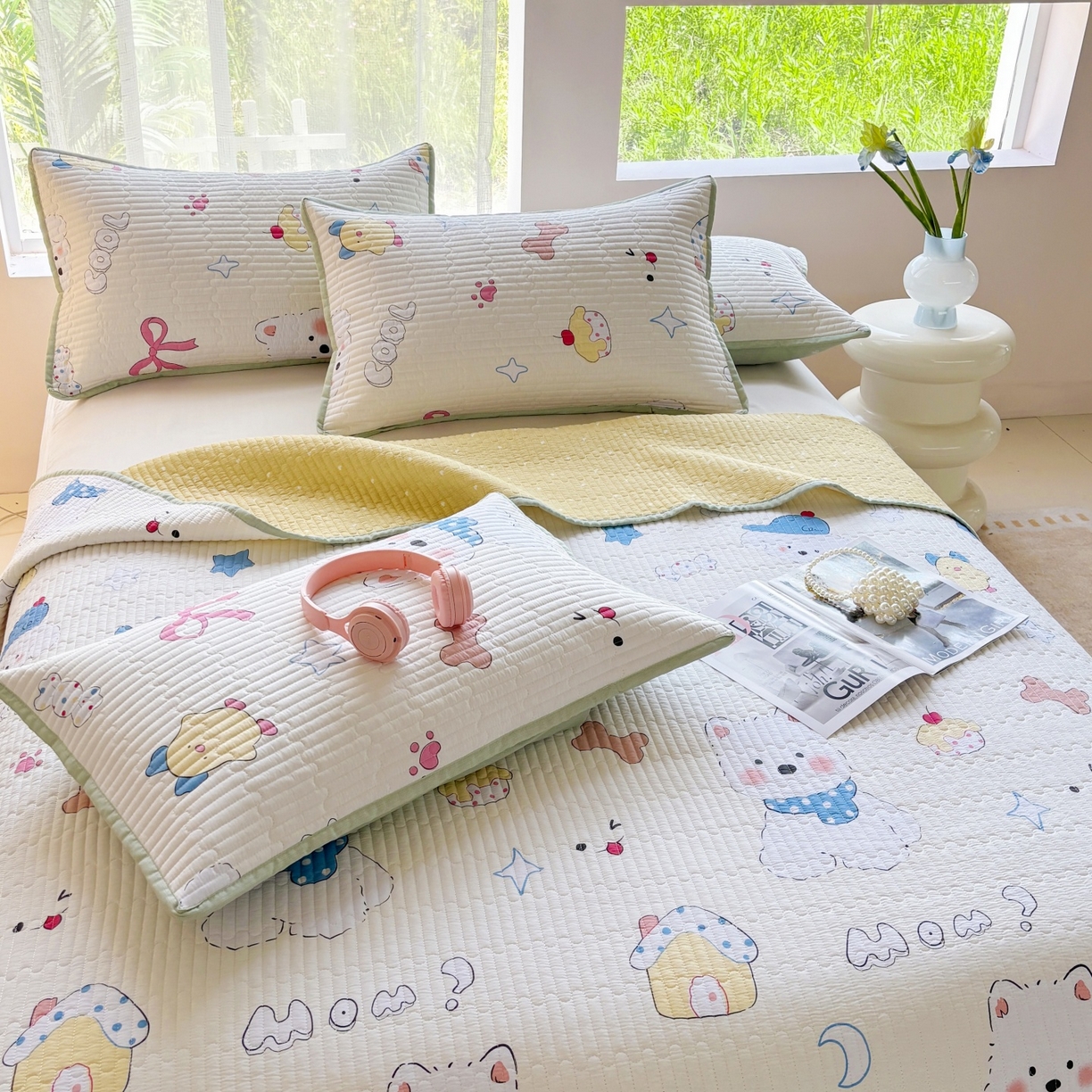 91家纺网 家纺一手货源 找家纺 金艾草 2025新款双面纯棉高温水洗床盖三件套 萌宠小屋