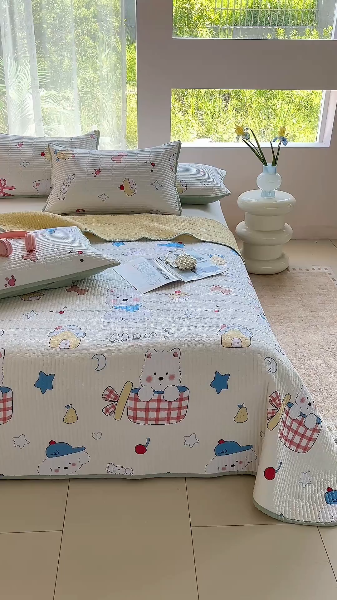 91家纺网 家纺一手货源 找家纺 金艾草 2025新款双面纯棉高温水洗床盖三件套 萌宠小屋