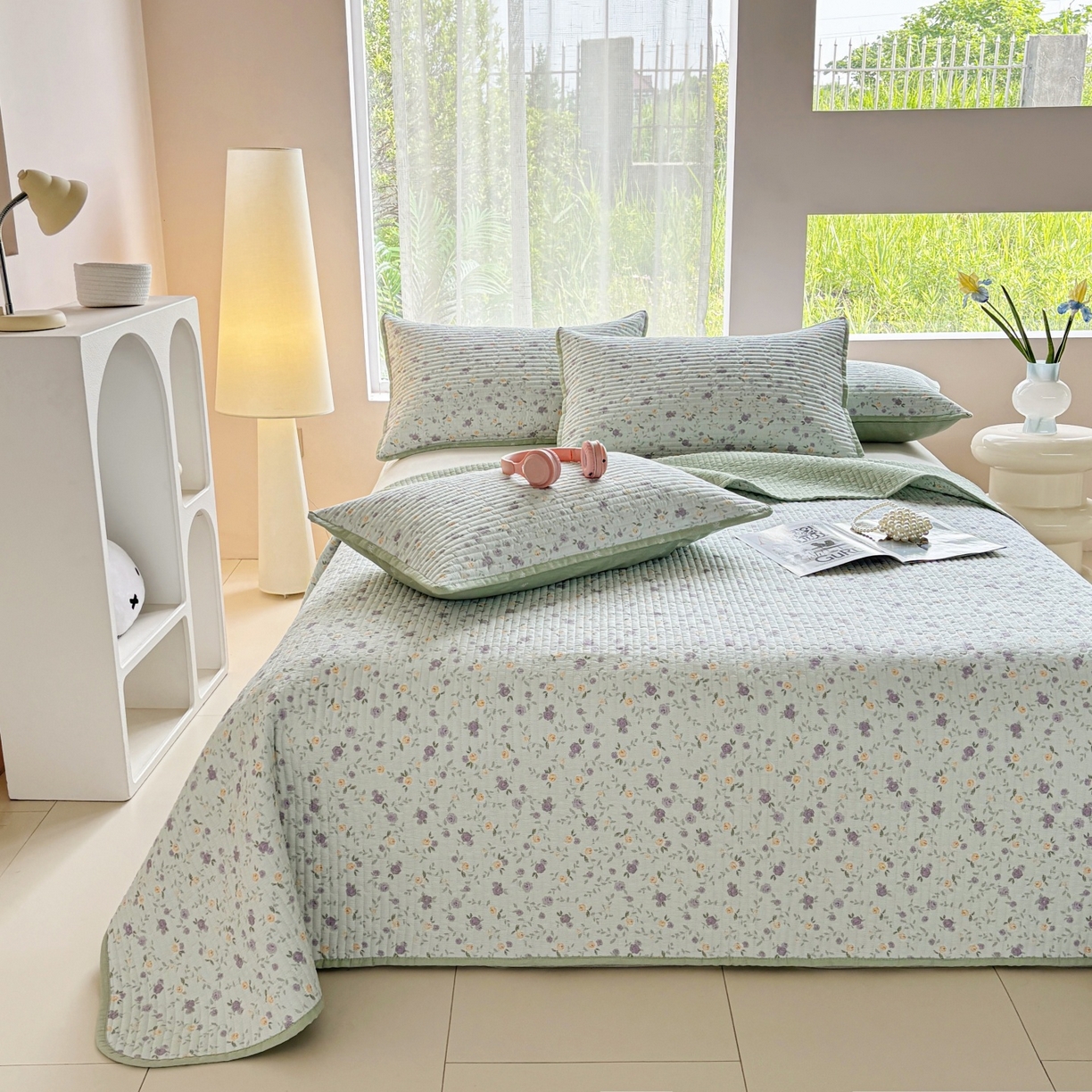 91家纺网 家纺一手货源 找家纺 金艾草 2025新款双面纯棉高温水洗床盖三件套 蔷薇-紫