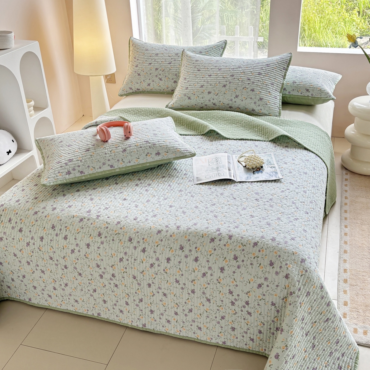 91家纺网 家纺一手货源 找家纺 金艾草 2025新款双面纯棉高温水洗床盖三件套 蔷薇-紫