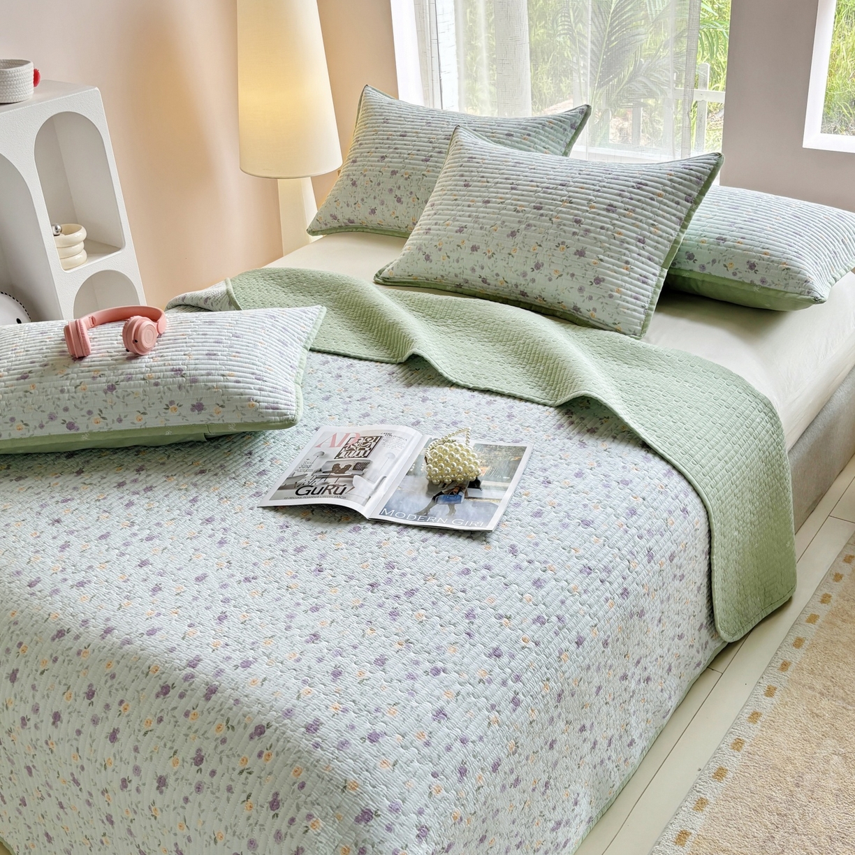 91家纺网 家纺一手货源 找家纺 金艾草 2025新款双面纯棉高温水洗床盖三件套 蔷薇-紫