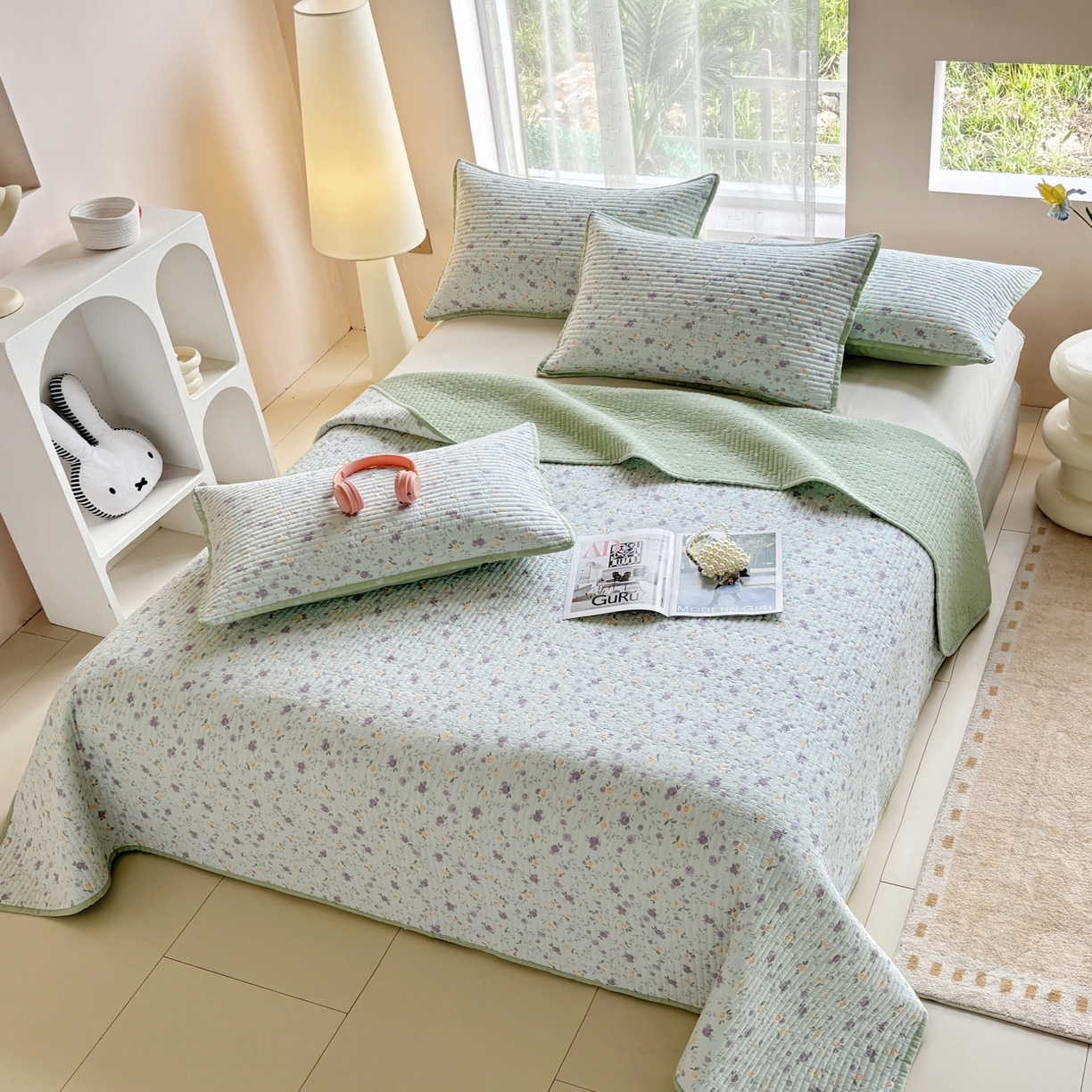 91家纺网 家纺一手货源 找家纺 金艾草 2025新款双面纯棉高温水洗床盖三件套 蔷薇-紫