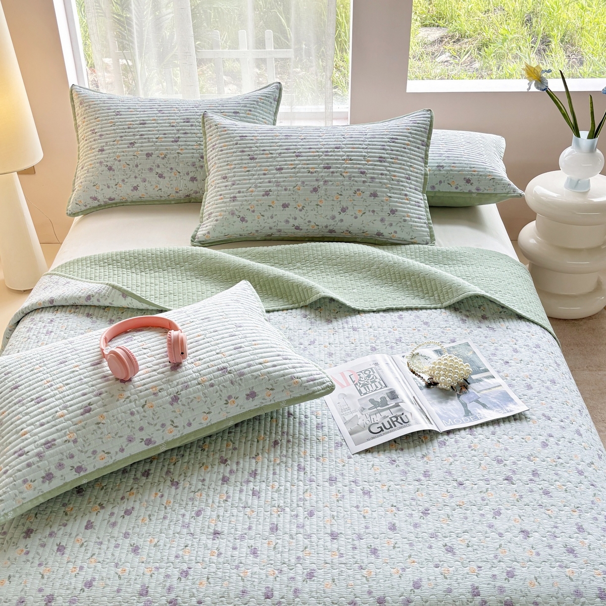 91家纺网 家纺一手货源 找家纺 金艾草 2025新款双面纯棉高温水洗床盖三件套 蔷薇-紫