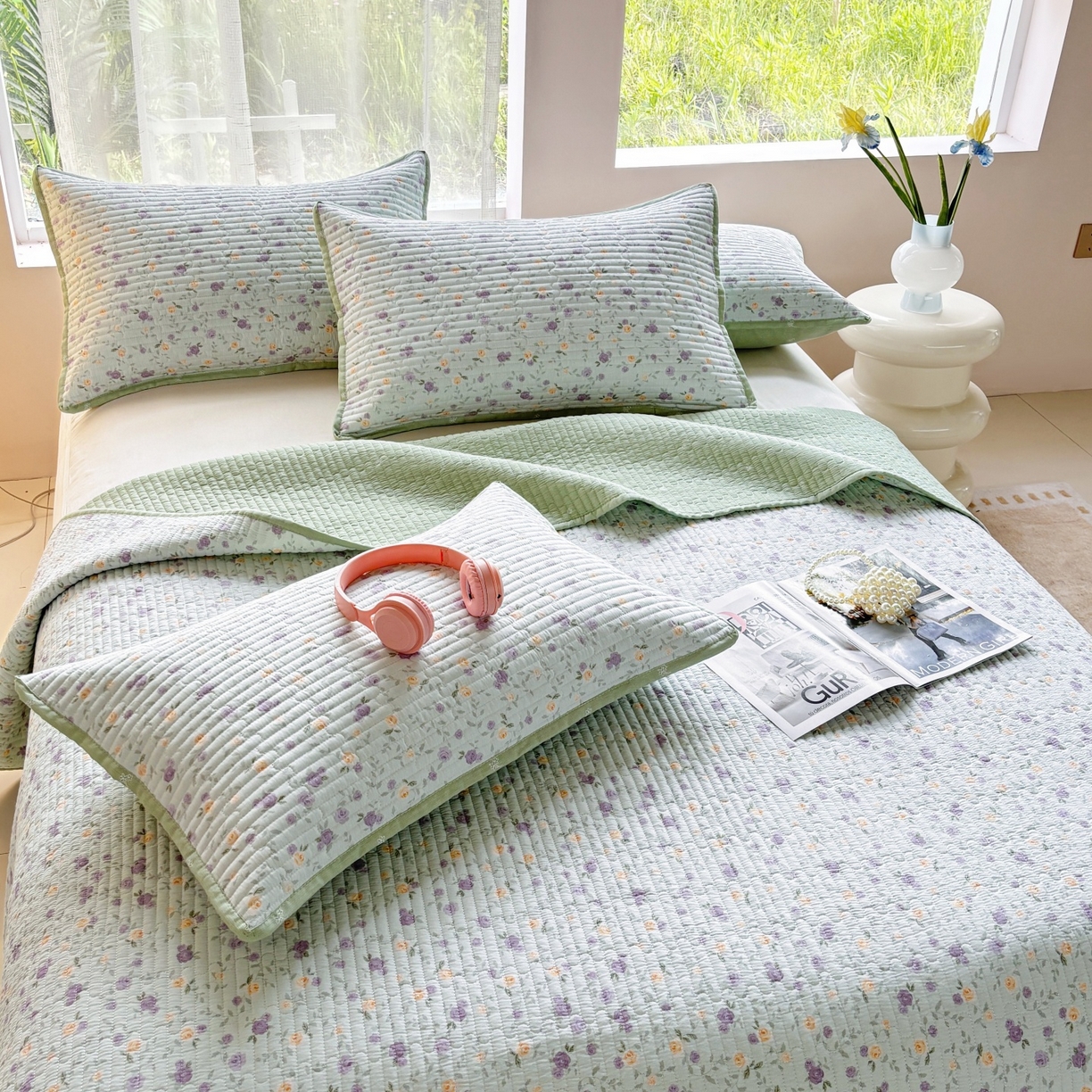 91家纺网 家纺一手货源 找家纺 金艾草 2025新款双面纯棉高温水洗床盖三件套 蔷薇-紫