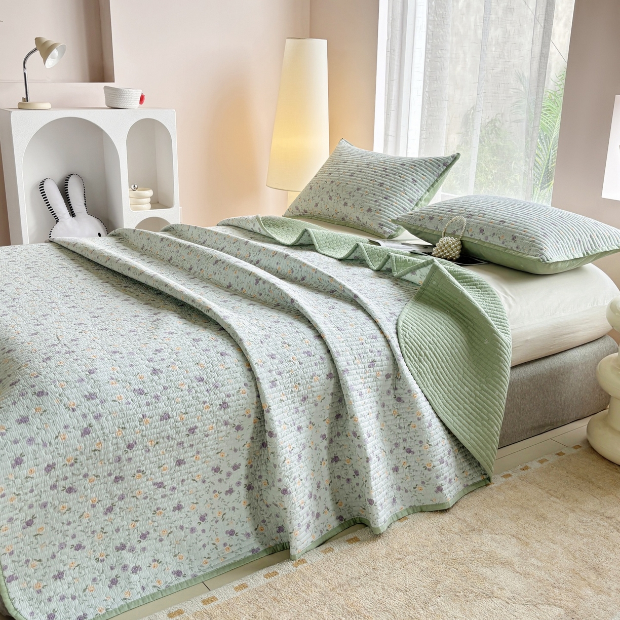 91家纺网 家纺一手货源 找家纺 金艾草 2025新款双面纯棉高温水洗床盖三件套 蔷薇-紫