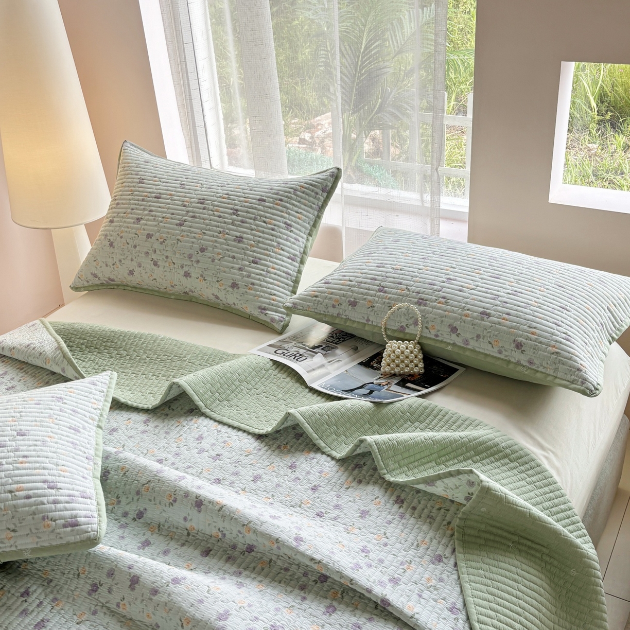 91家纺网 家纺一手货源 找家纺 金艾草 2025新款双面纯棉高温水洗床盖三件套 蔷薇-紫