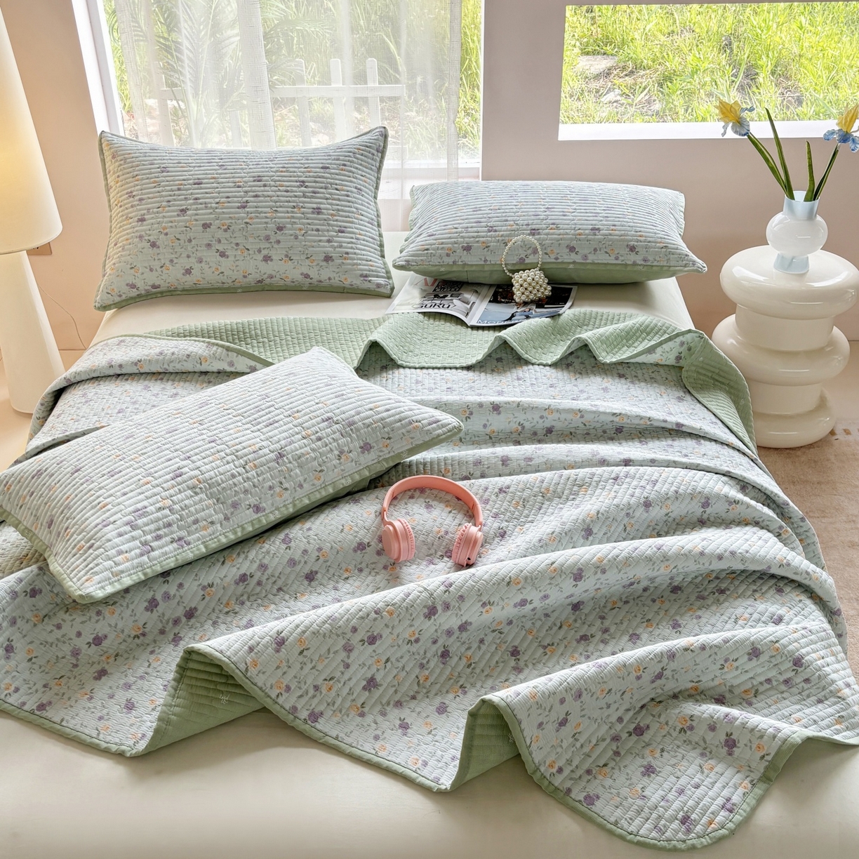 91家纺网 家纺一手货源 找家纺 金艾草 2025新款双面纯棉高温水洗床盖三件套 蔷薇-紫