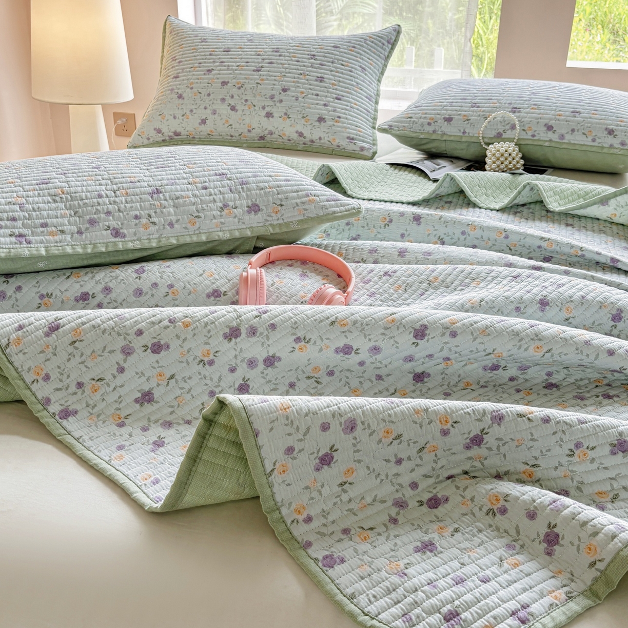 91家纺网 家纺一手货源 找家纺 金艾草 2025新款双面纯棉高温水洗床盖三件套 蔷薇-紫