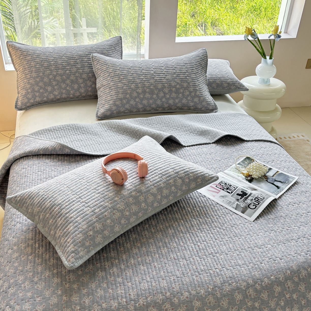 91家纺网 家纺一手货源 找家纺 金艾草 2025新款双面纯棉高温水洗床盖三件套 清风悠悠-灰