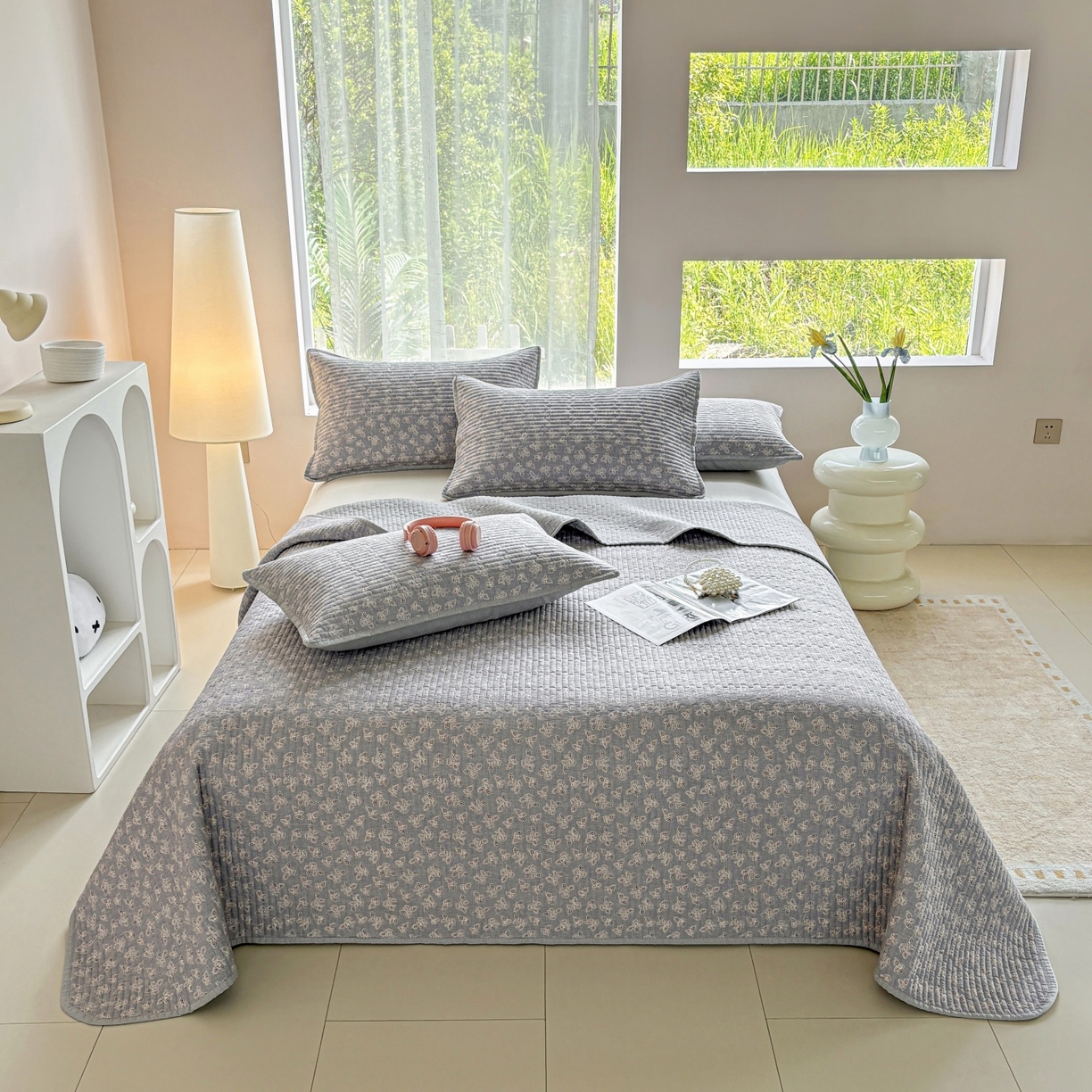 91家纺网 家纺一手货源 找家纺 金艾草 2025新款双面纯棉高温水洗床盖三件套 清风悠悠-灰