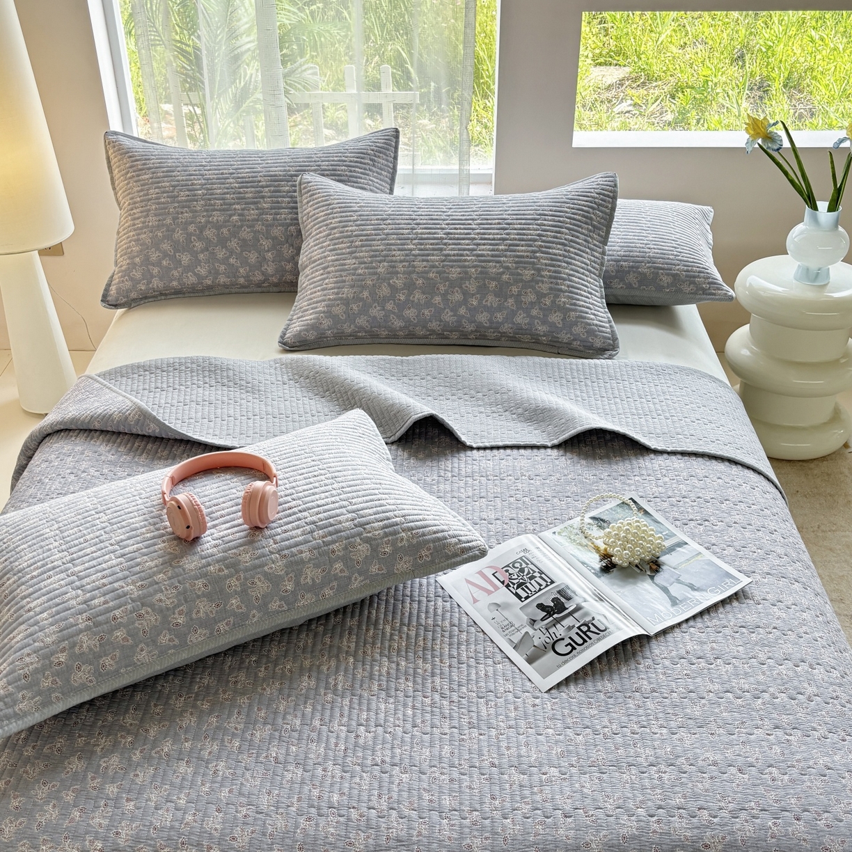 91家纺网 家纺一手货源 找家纺 金艾草 2025新款双面纯棉高温水洗床盖三件套 清风悠悠-灰