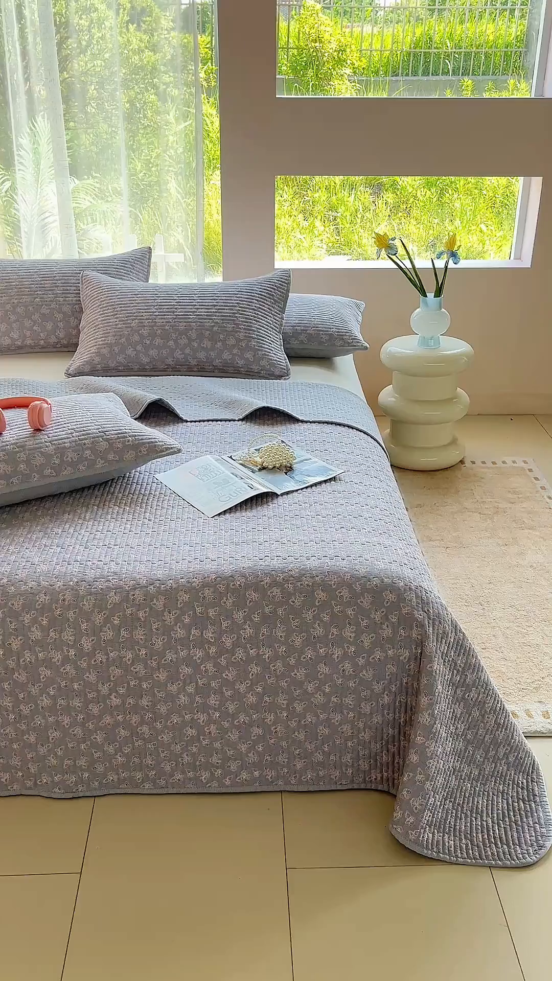 91家纺网 家纺一手货源 找家纺 金艾草 2025新款双面纯棉高温水洗床盖三件套 清风悠悠-灰