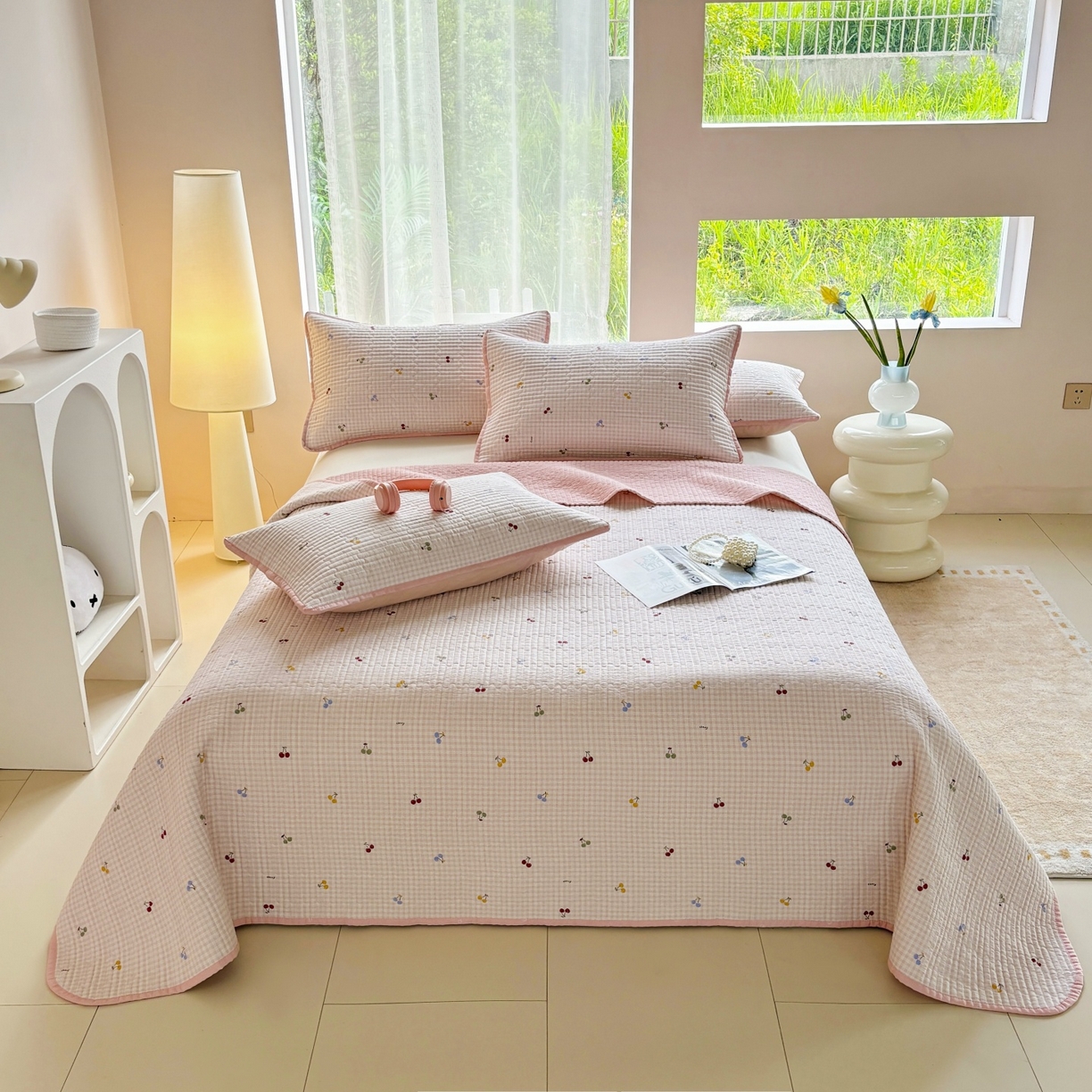 91家纺网 家纺一手货源 找家纺 金艾草 2025新款双面纯棉高温水洗床盖三件套 清甜蜜果-粉