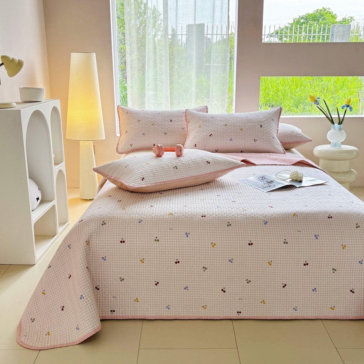 91家纺网 家纺一手货源 找家纺 金艾草 2025新款双面纯棉高温水洗床盖三件套 清甜蜜果-粉