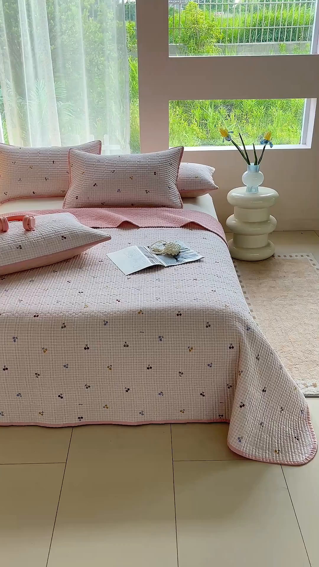 91家纺网 家纺一手货源 找家纺 金艾草 2025新款双面纯棉高温水洗床盖三件套 清甜蜜果-粉