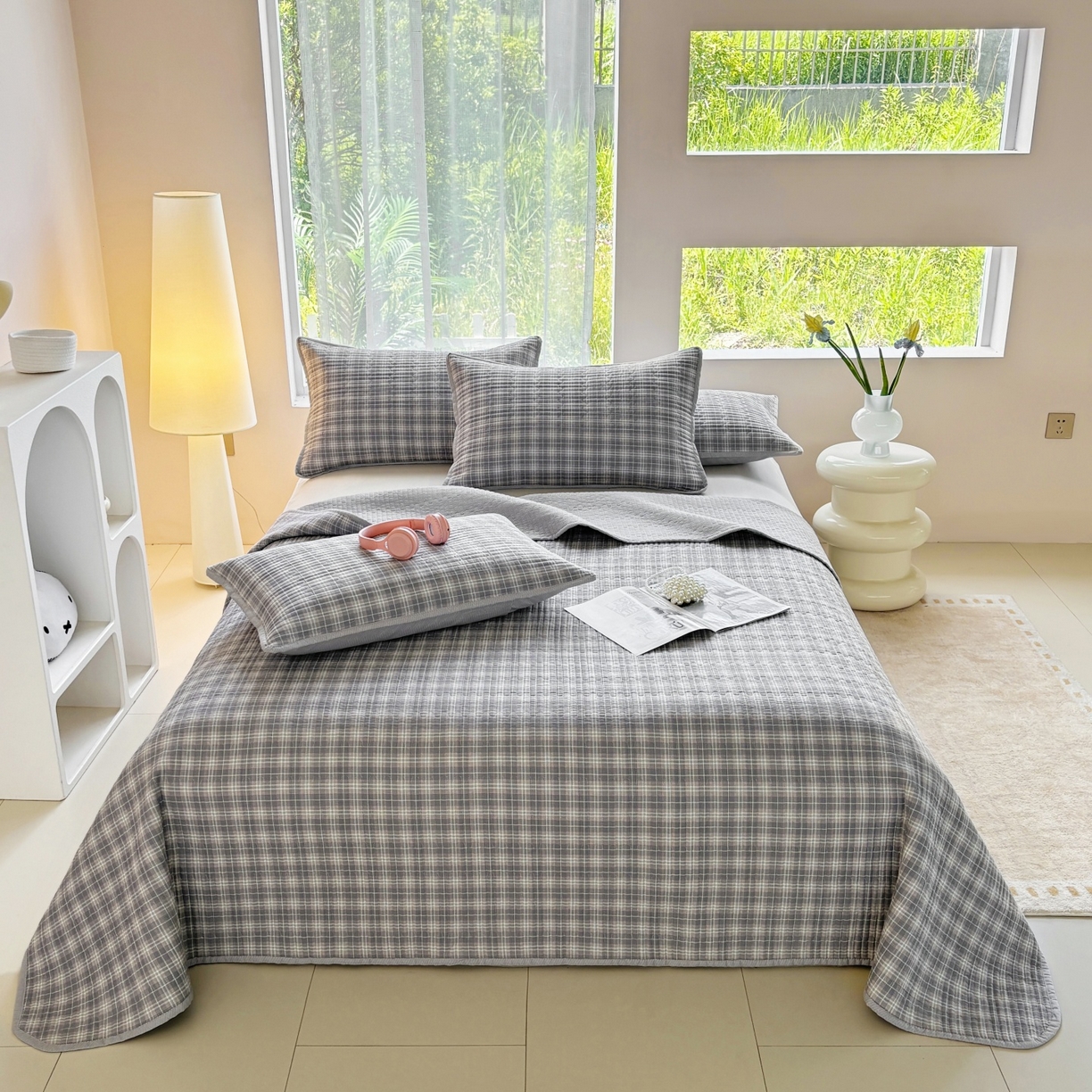 91家纺网 家纺一手货源 找家纺 金艾草 2025新款双面纯棉高温水洗床盖三件套 时光-灰