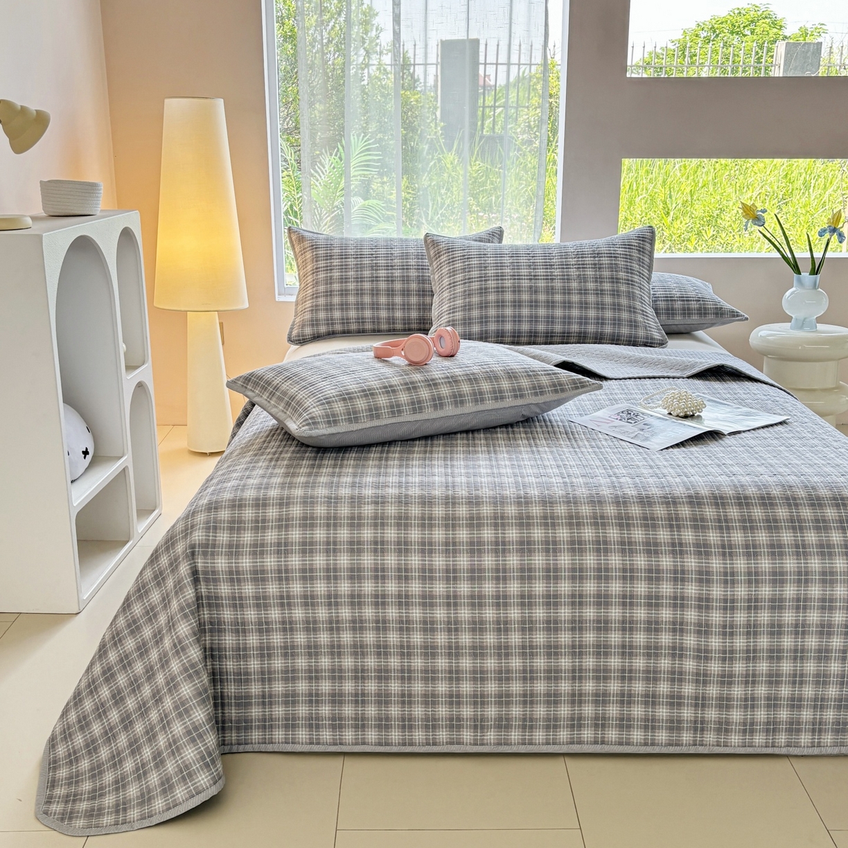 91家纺网 家纺一手货源 找家纺 金艾草 2025新款双面纯棉高温水洗床盖三件套 时光-灰