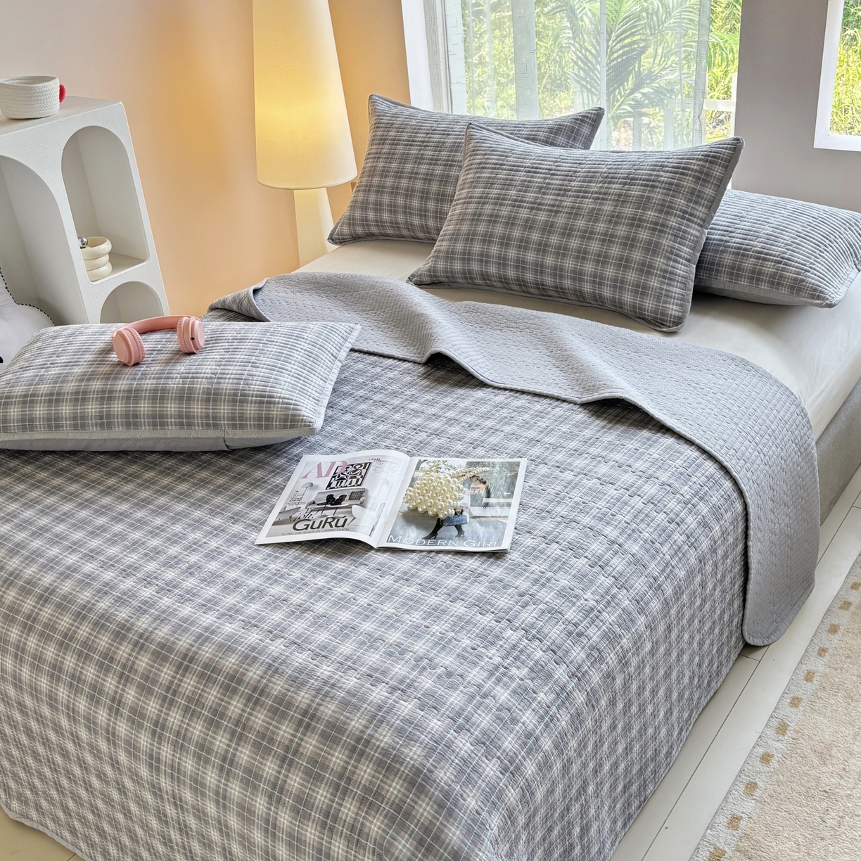 91家纺网 家纺一手货源 找家纺 金艾草 2025新款双面纯棉高温水洗床盖三件套 时光-灰