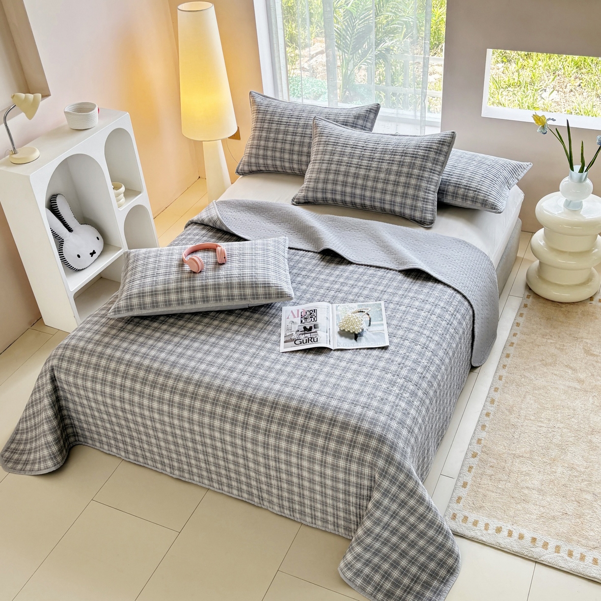 91家纺网 家纺一手货源 找家纺 金艾草 2025新款双面纯棉高温水洗床盖三件套 时光-灰